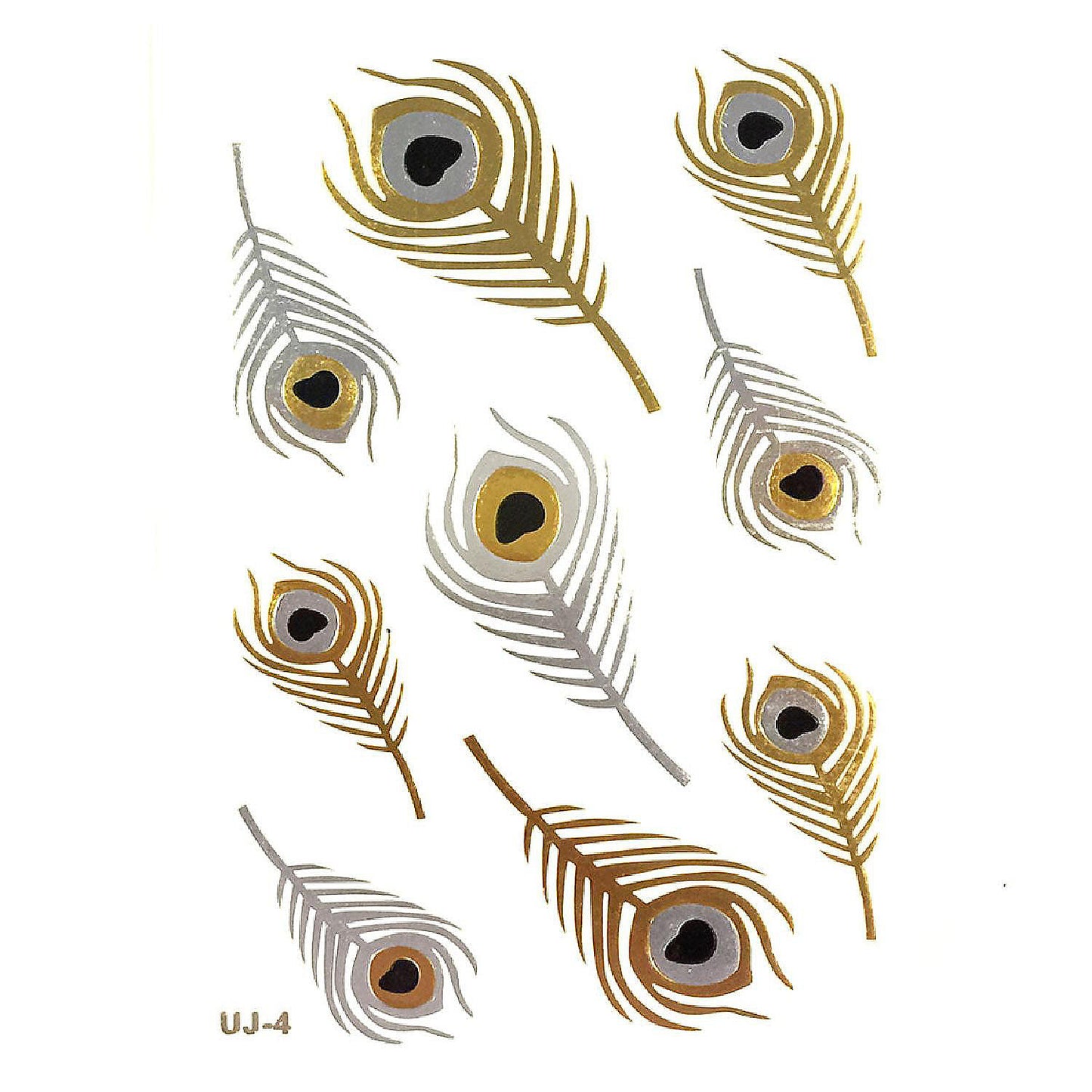 Wrapables Celebrity Inspired Temporary Tattoos in Metallic Gold Silver and Black, Large, Pheasant Feathers