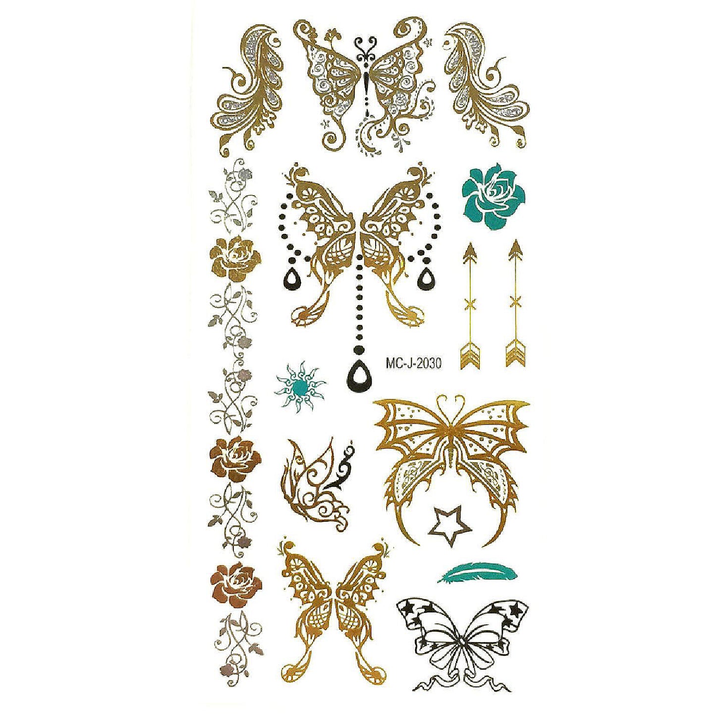 Wrapables Celebrity Inspired Temporary Tattoos in Metallic Gold Silver and Black, Medium, Fairy Butterfly