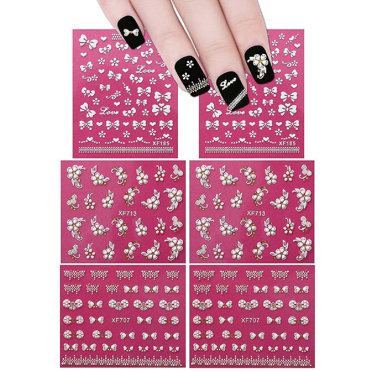 Wrapables Fingernail Stickers Nail Art Nail Stickers Self-Adhesive Nail Stickers 3D Nail Decals - Bows, Hearts & Flowers (3 designs/6 sheets)