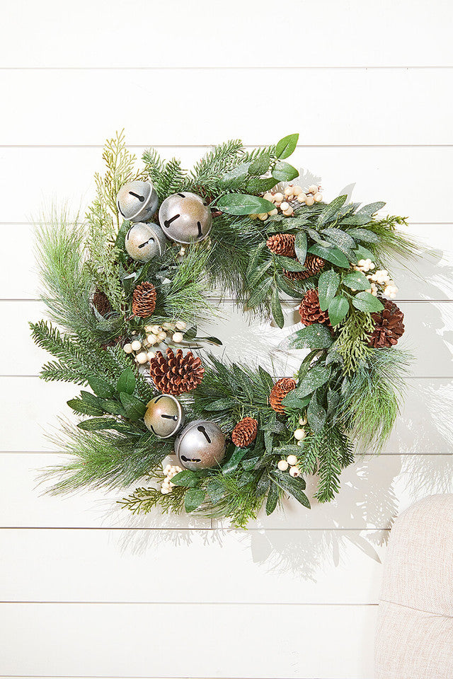24" Christmas Jingle Bell & Berry Wreath Festive Holiday Door Decor
