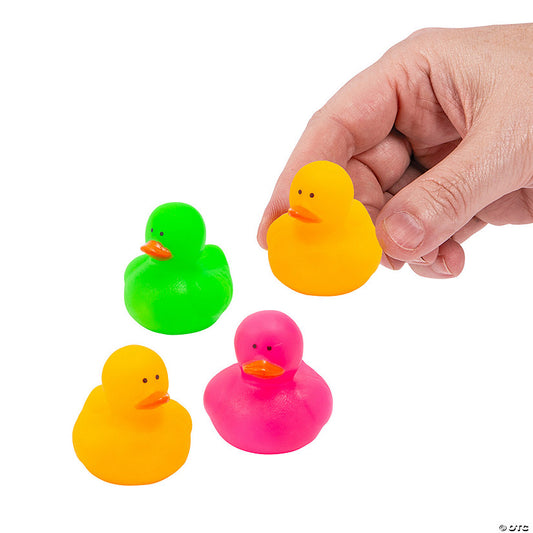 24 Piece(s): 1 1/2" Mini Orange, Green & Pink Neon Vinyl Rubber Ducks - 24 Pc. | USA Decoration®