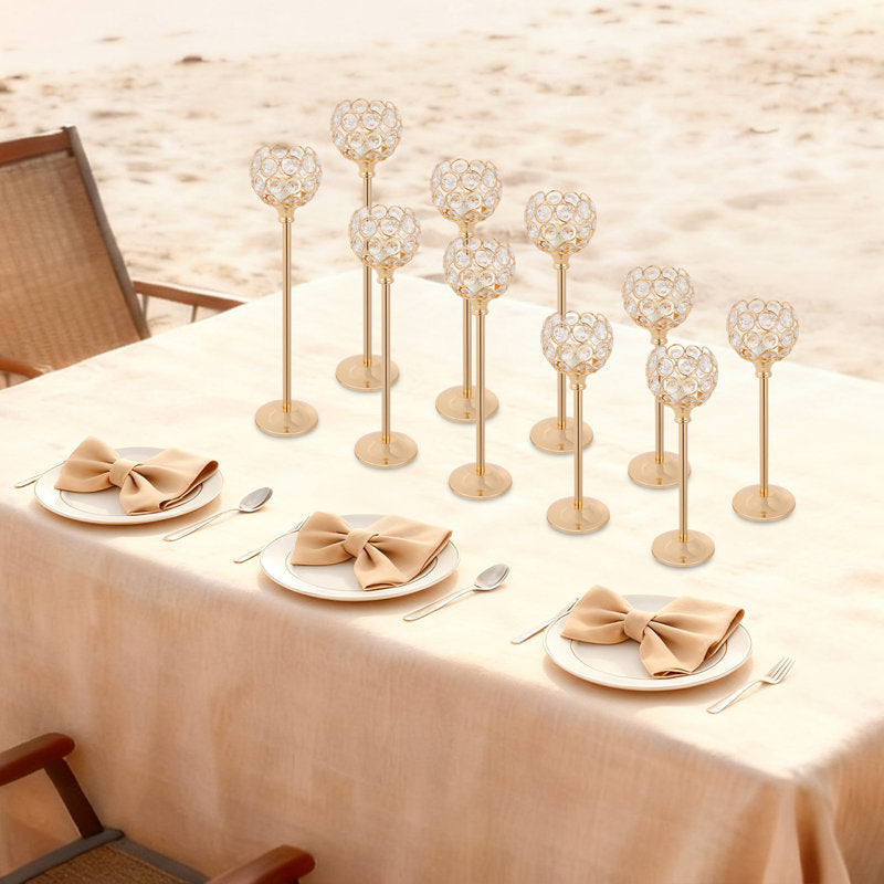10-Piece Metal & Glass Candle Holder Set, Tiered Beaded Table Centerpiece Candlesticks For Wedding And Living Room