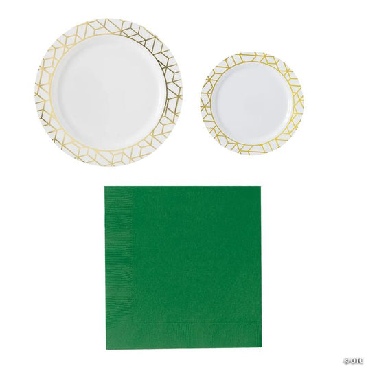 100 Pc. Gold & Green Christmas Disposable Tableware Kit for 25 Guests | USA Decoration®