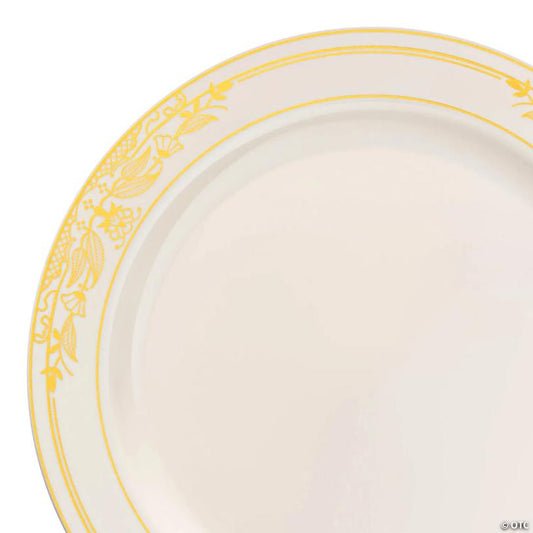 10.25" Ivory with Gold Harmony Rim Plastic Dinner Plates (40 Plates) | USA Decoration®