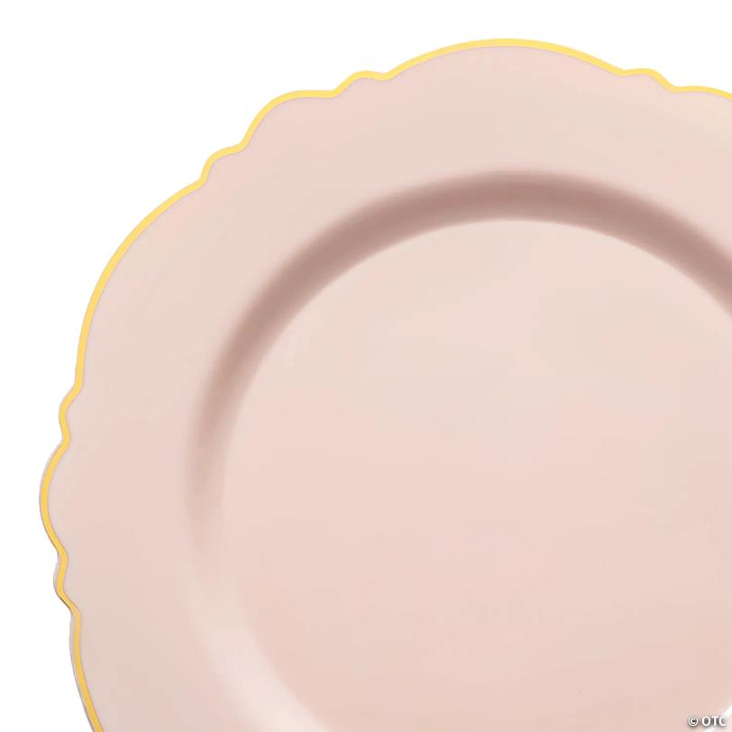 10.25" Pink with Gold Rim Round Blossom Disposable Plastic Dinner Plates (50 Plates) | USA Decoration®