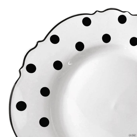 10.25" White with Black Dots Round Blossom Disposable Plastic Dinner Plates (50 Plates) | USA Decoration®