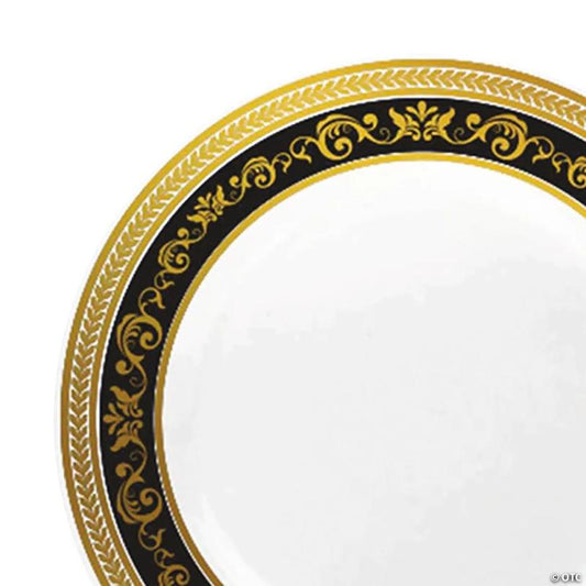 10.25" White with Black and Gold Royal Rim Plastic Dinner Plates (40 Plates) | USA Decoration®