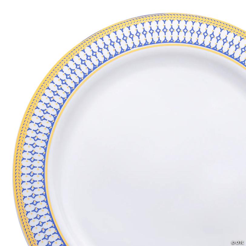 10.25" White with Blue and Gold Chord Rim Plastic Dinner Plates (40 Plates) | USA Decoration®