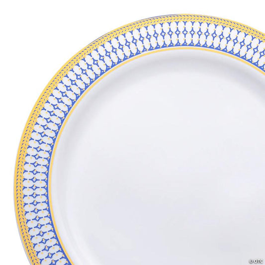 10.25" White with Blue and Gold Chord Rim Plastic Dinner Plates (40 Plates) | USA Decoration®