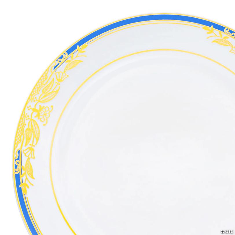 10.25" White with Blue and Gold Harmony Rim Plastic Dinner Plates (40 Plates) | USA Decoration®