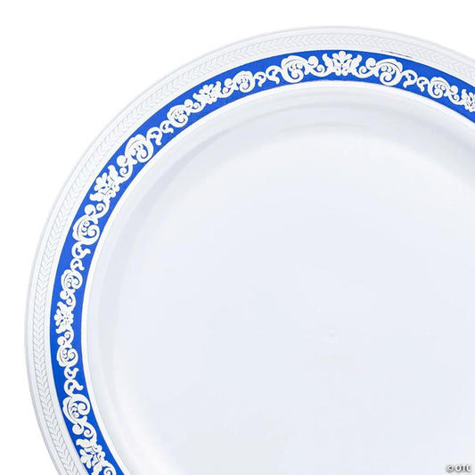 10.25" White with Blue and Silver Royal Rim Plastic Dinner Plates (40 Plates) | USA Decoration®