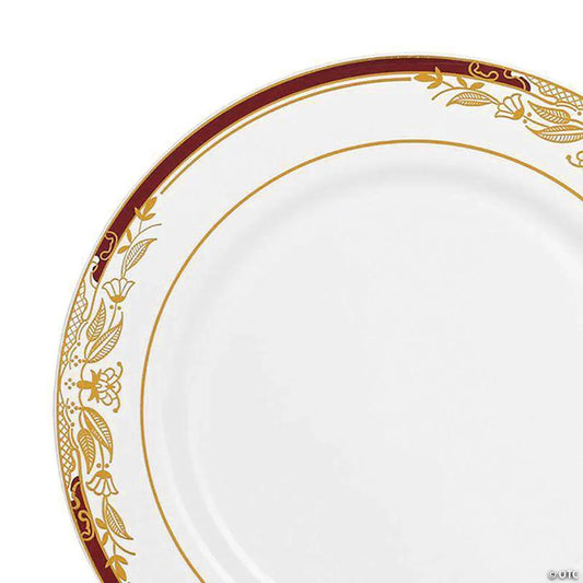 10.25" White with Burgundy and Gold Harmony Rim Plastic Dinner Plates (40 Plates) | USA Decoration®