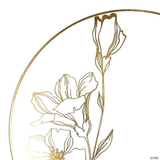 10.25" White with Gold Antique Floral Round Disposable Plastic Dinner Plates (40 Plates) | USA Decoration®