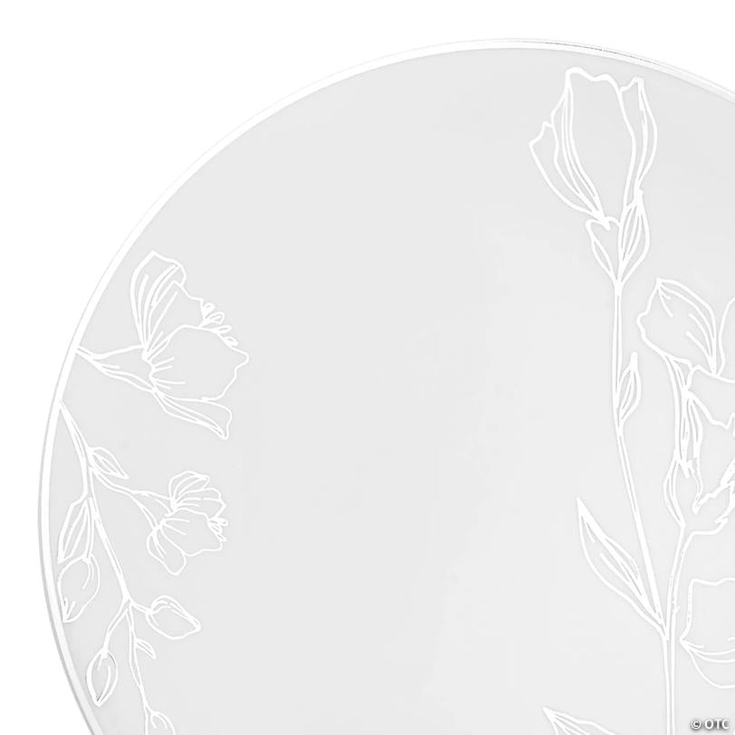 10.25" White with Silver Antique Floral Round Disposable Plastic Dinner Plates (40 Plates) | USA Decoration®