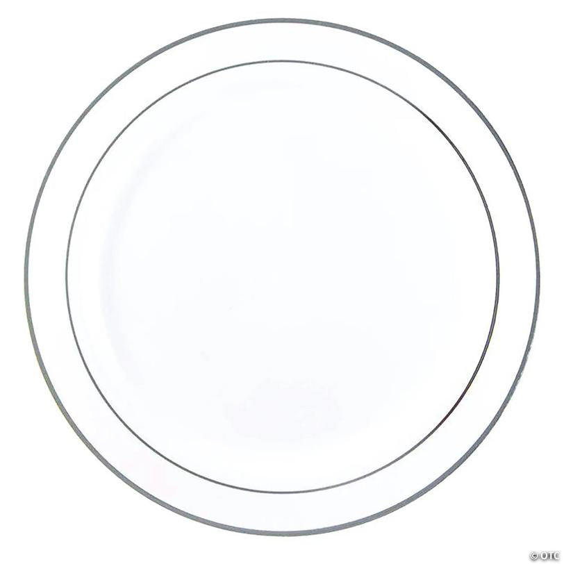 10.25" White with Silver Edge Rim Plastic Dinner Plates (50 Plates) | USA Decoration®