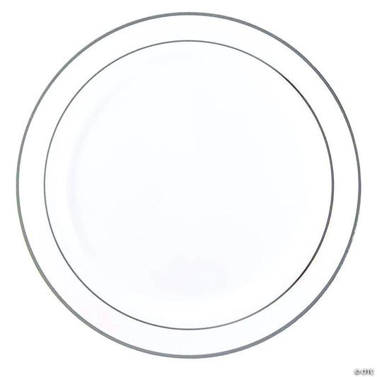10.25" White with Silver Edge Rim Plastic Dinner Plates (50 Plates) | USA Decoration®