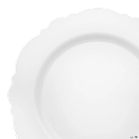 10.25" White with Silver Rim Round Blossom Disposable Plastic Dinner Plates (50 Plates) | USA Decoration®