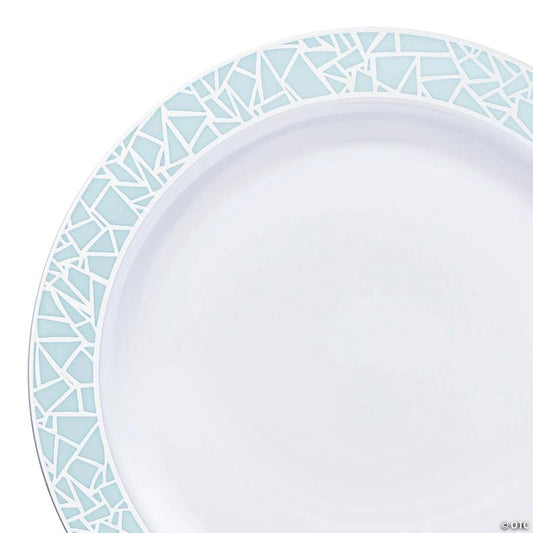 10.25" White with Turquoise Blue and Silver Mosaic Rim Round Plastic Dinner Plates (40 Plates) | USA Decoration®