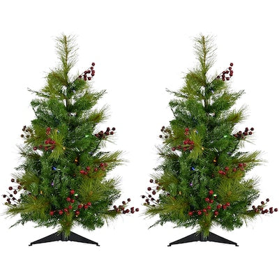 Indoor/Covered Outdoor 4-ft Newberry pine Pre-lit Artificial Christmas Tree with Multicolor LED Lights | USA Decoration®