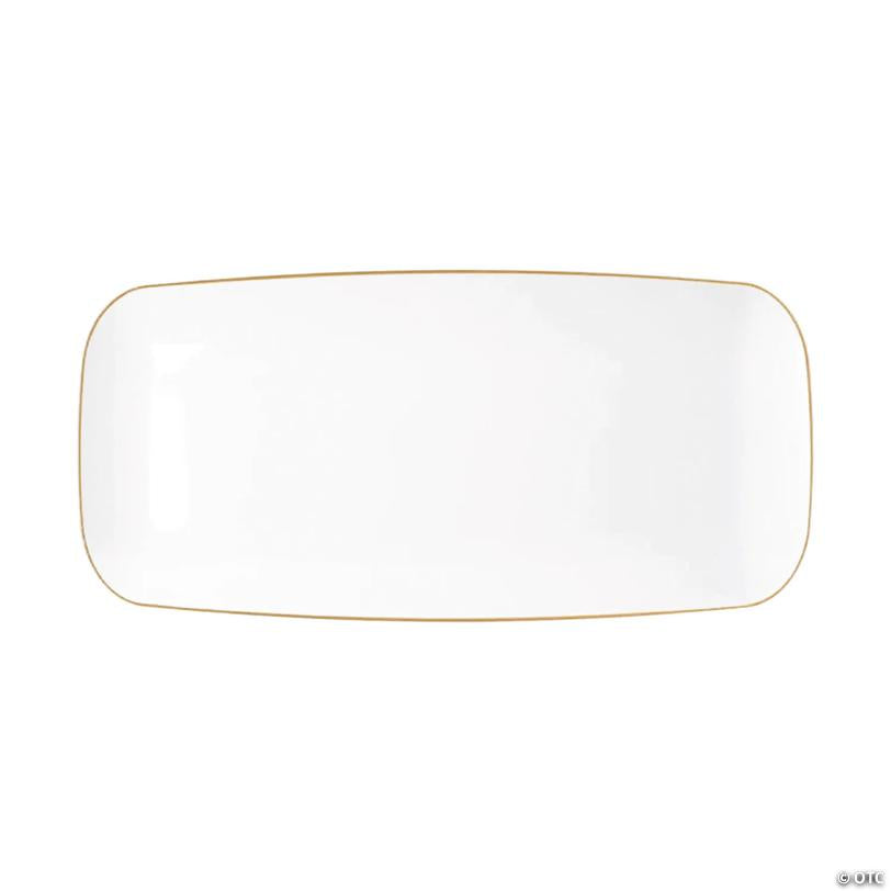 10.6"" x 5"" Clear with Gold Rim Flat Raised Edge Rectangular Disposable Plastic Plates (120 Plates) | USA Decoration®