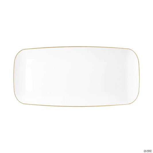 10.6"" x 5"" Clear with Gold Rim Flat Raised Edge Rectangular Disposable Plastic Plates (120 Plates) | USA Decoration®