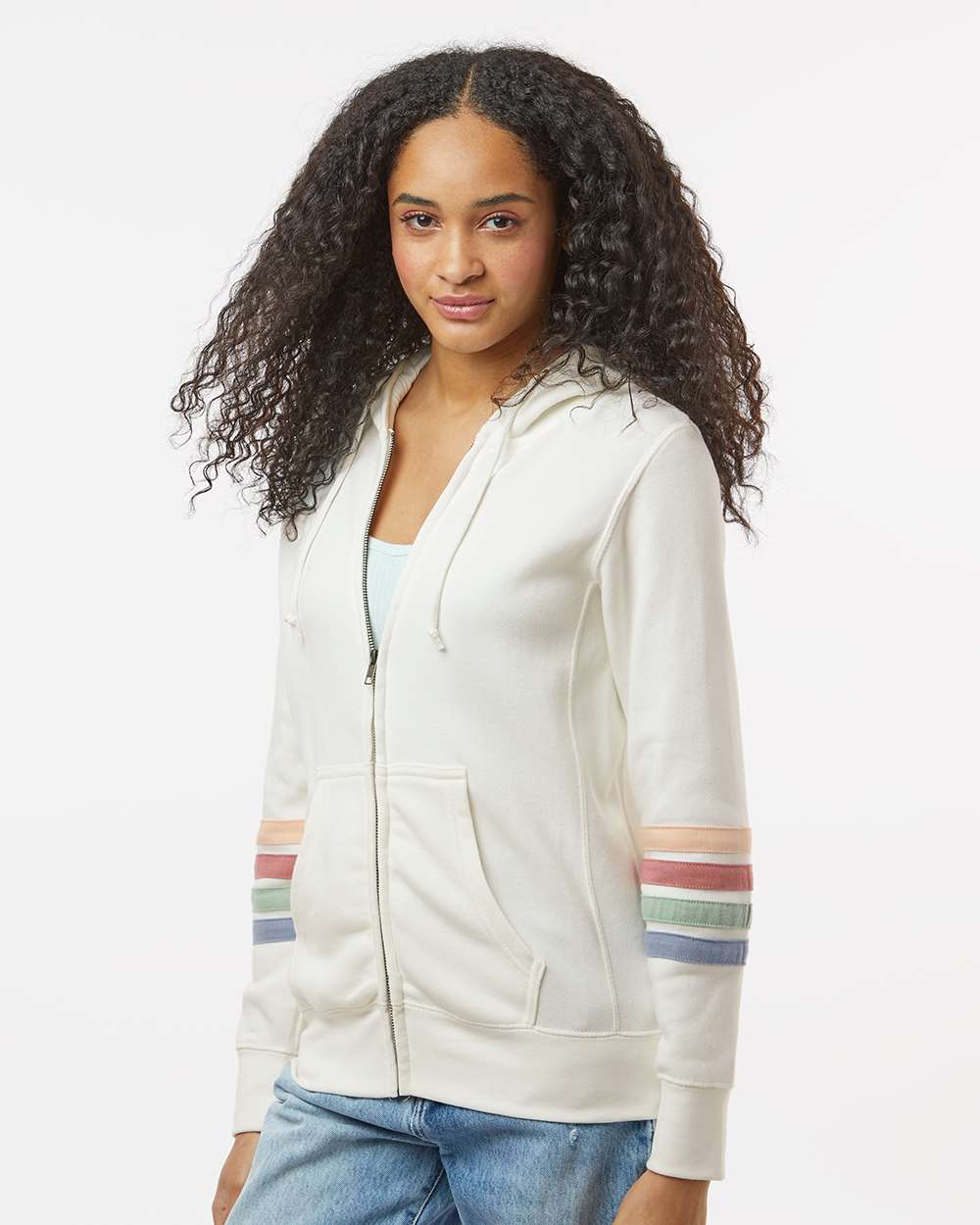 Women's Striped Sleeves Full-Zip Hooded Sweatshirt | USA Decoration