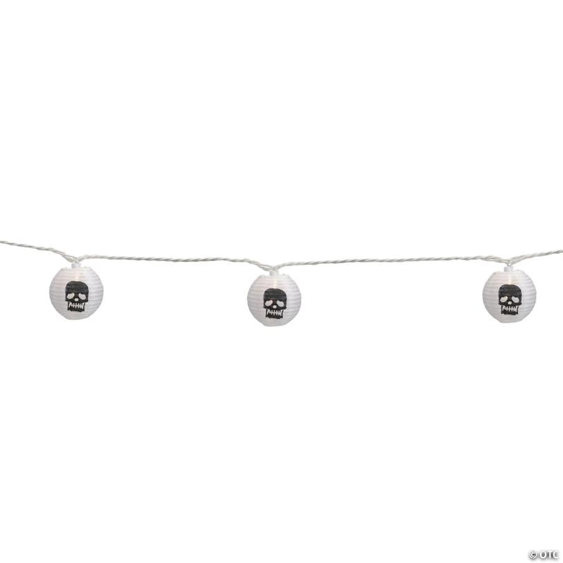 10-Count White and Black Skull Paper Lantern Halloween Lights  8.5ft White Wire