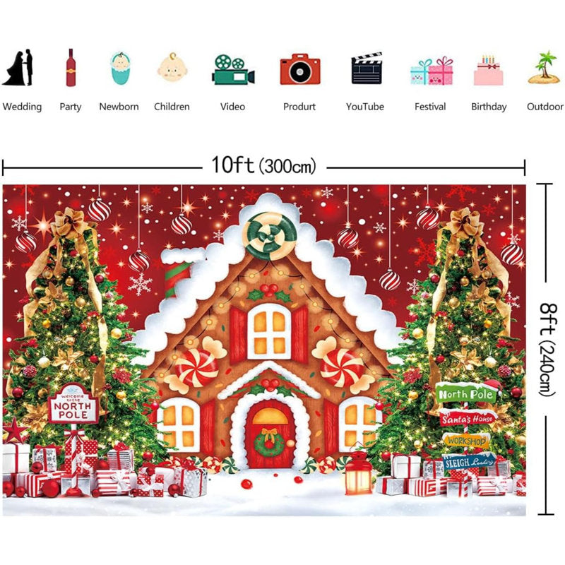 10X8ft Xmas Gingerbread Candy House Backdrop Stacked Christmas Tree Snowflakes Red Background Warm Winter Kids Party Photo Studio Booth