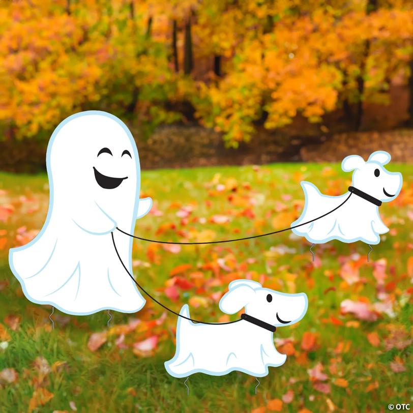 10 1/2" – 22 3/4" Halloween Ghost Dog Walker Plastic Yard Sign Set - 4 Pc.