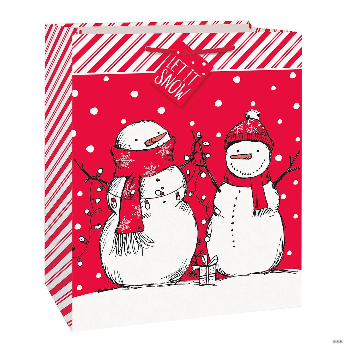 Twelve large red stripe snowman paper gift bags with tags