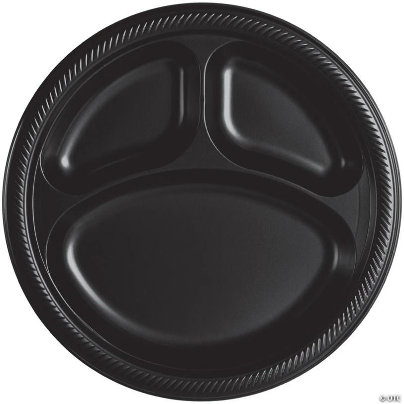 10" Black Disposable Three-Section Round Plastic Dinner Plates - 20 Pieces | USA Decoration®