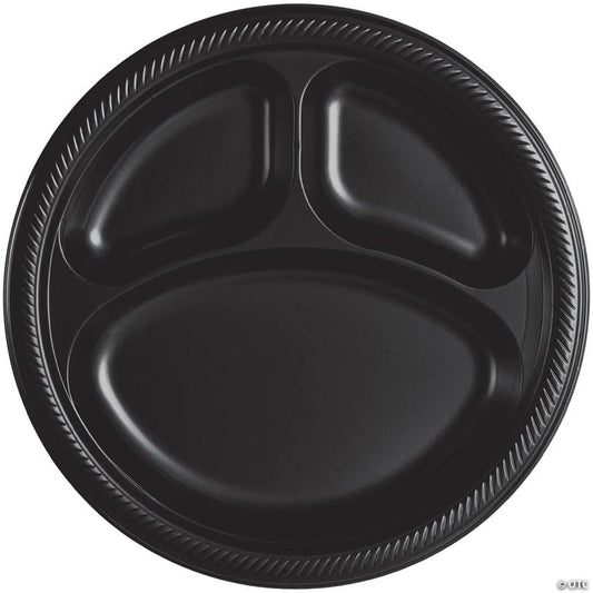 10" Black Disposable Three-Section Round Plastic Dinner Plates - 20 Pieces | USA Decoration®