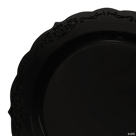 10" Black Vintage Rim Round Disposable Plastic Dinner Plates (50 Plates) | USA Decoration®