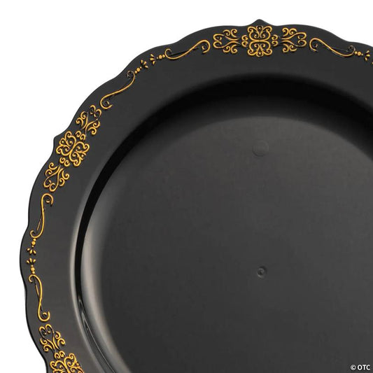 10" Black with Gold Vintage Rim Round Disposable Plastic Dinner Plates (50 Plates) | USA Decoration®