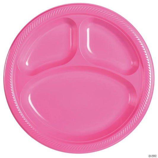 10" Bright Pink Disposable Three-Section Round Plastic Dinner Plates - 20 Pieces | USA Decoration®