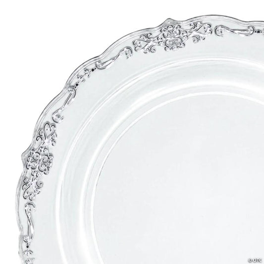 10" Clear with Silver Vintage Rim Round Disposable Plastic Dinner Plates (50 Plates) | USA Decoration®