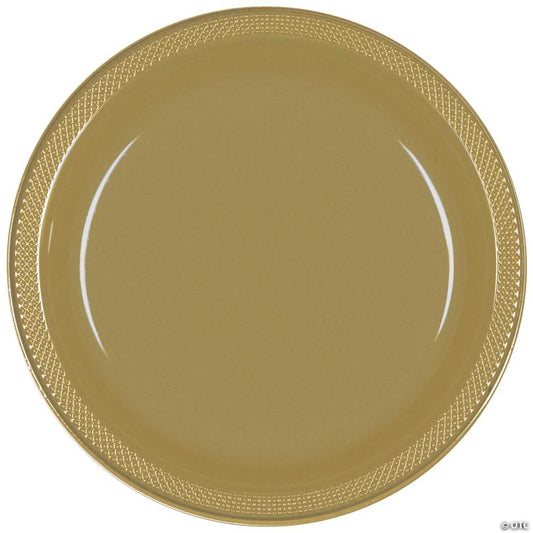 10" Gold Round Disposable Plastic Dinner Plates - 20 Pieces | USA Decoration®