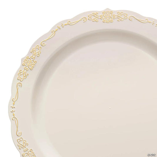 10" Ivory with Gold Vintage Rim Round Disposable Plastic Dinner Plates (50 Plates) | USA Decoration®
