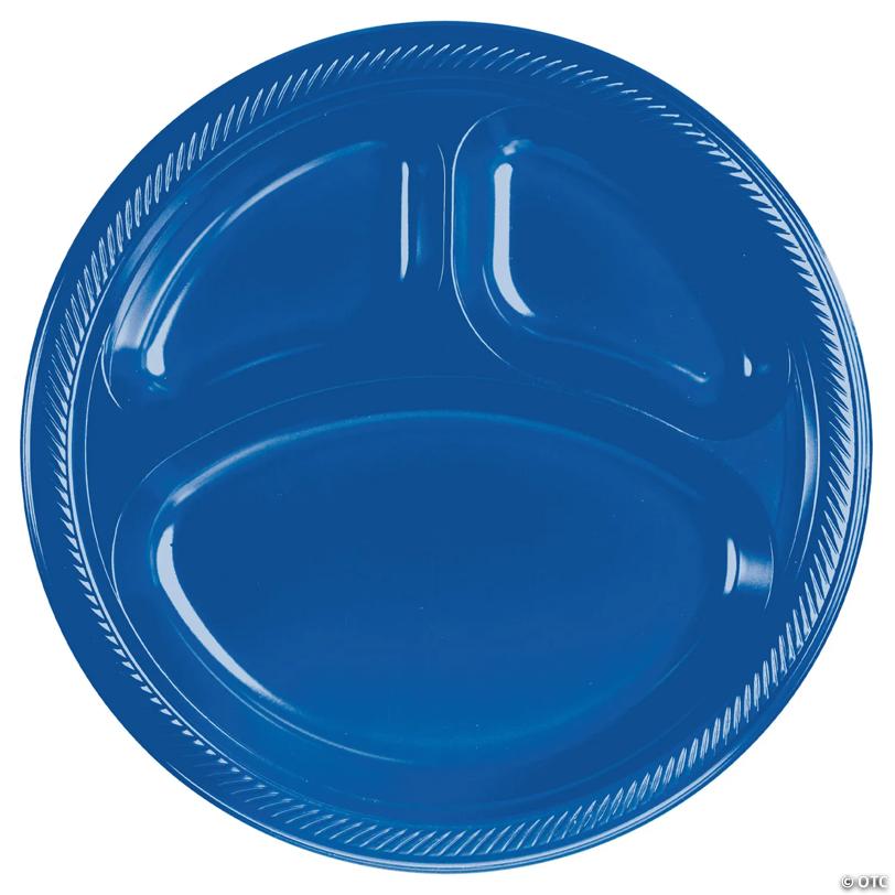 10" Royal Blue Disposable Three-Section Round Plastic Dinner Plates - 20 Pieces | USA Decoration®