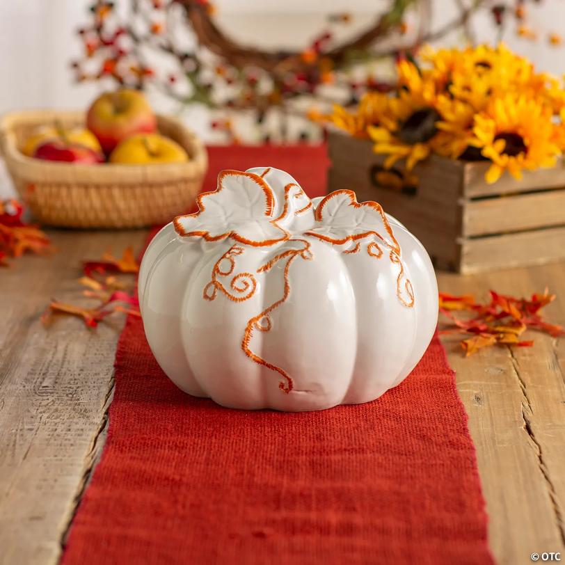 10" White Ceramic Pumpkin with Molded Leaves & Vines