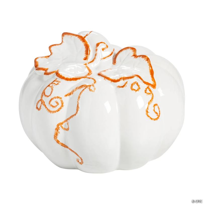 10" White Ceramic Pumpkin with Molded Leaves & Vines