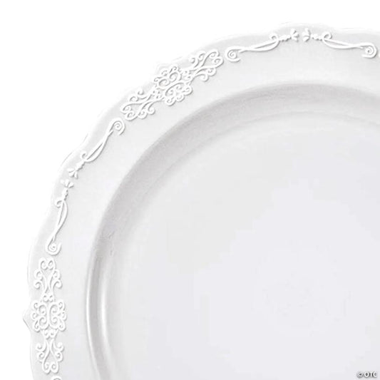 10" White Vintage Round Disposable Plastic Dinner Plates (50 Plates) | USA Decoration®