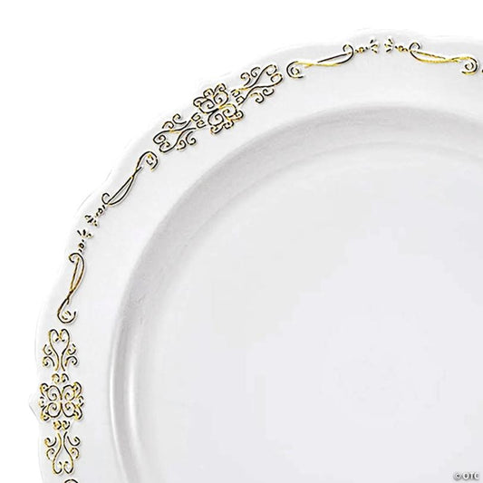 10" White with Gold Vintage Rim Round Disposable Plastic Dinner Plates (50 Plates) | USA Decoration®