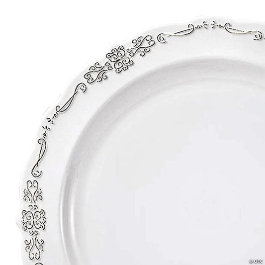 10" White with Silver Vintage Rim Round Disposable Plastic Dinner Plates (50 Plates) | USA Decoration®
