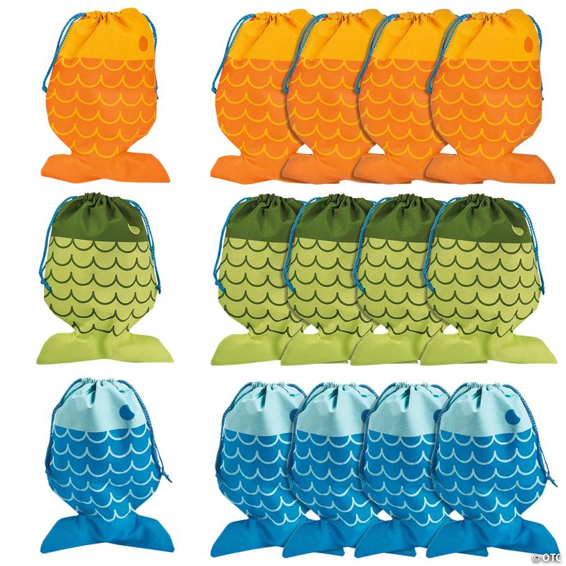 10" x 14 1/2" Little Fisherman Bright Color Fish Drawstring Bags - 12 Pc.