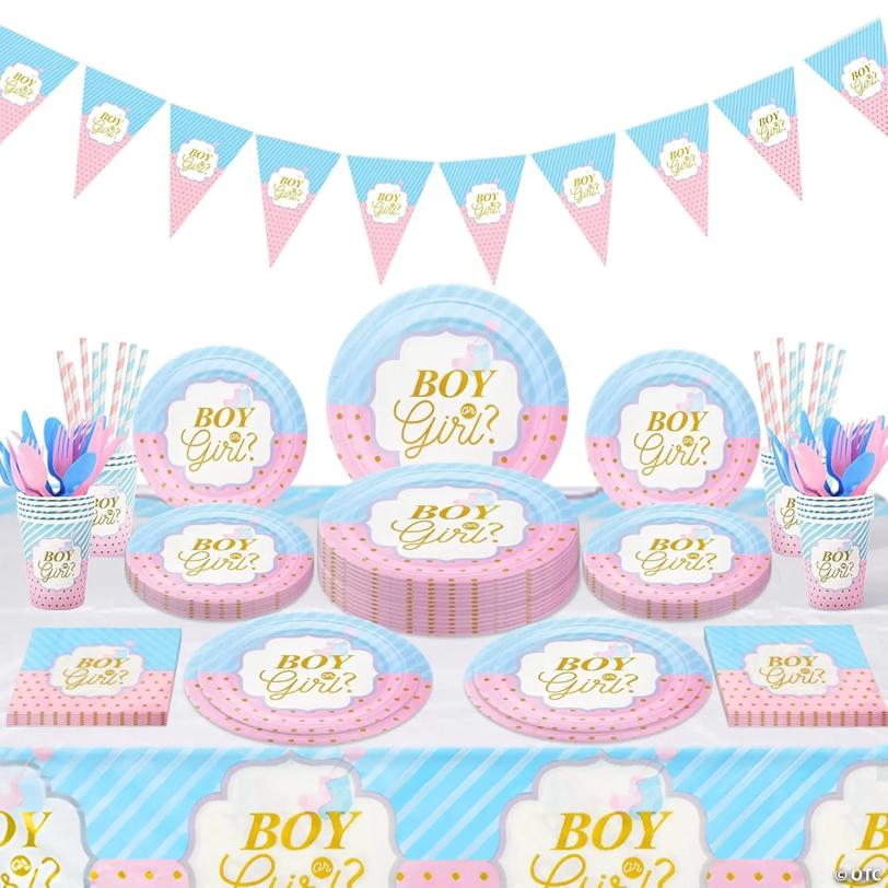 114 Pcs Gender Reveal Set: Plates, Cups, Napkins, Banner & More for Baby Shower Party | USA Decoration®