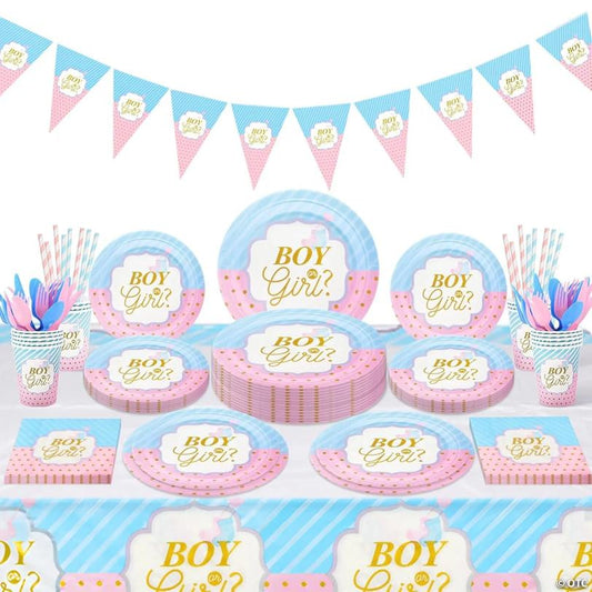 114 Pcs Gender Reveal Set: Plates, Cups, Napkins, Banner & More for Baby Shower Party | USA Decoration®