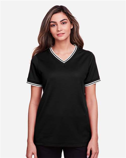 Women's CrownLux Performance® Plaited Tipped V-Neck Shirt | USA Decoration