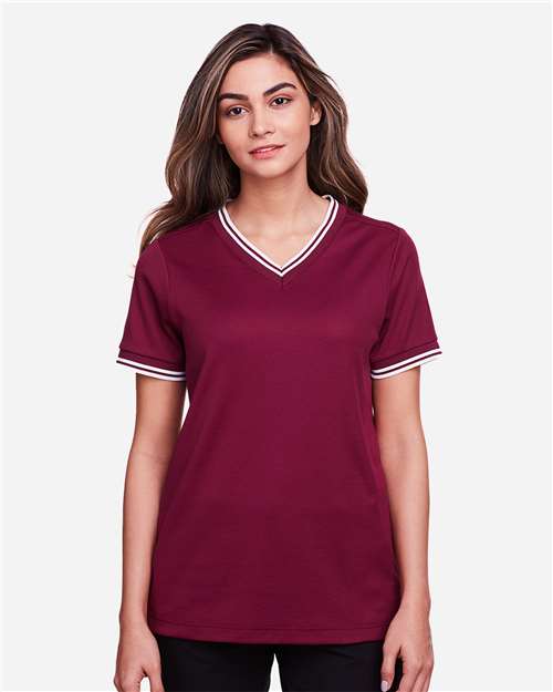 Women's CrownLux Performance® Plaited Tipped V-Neck Shirt | USA Decoration