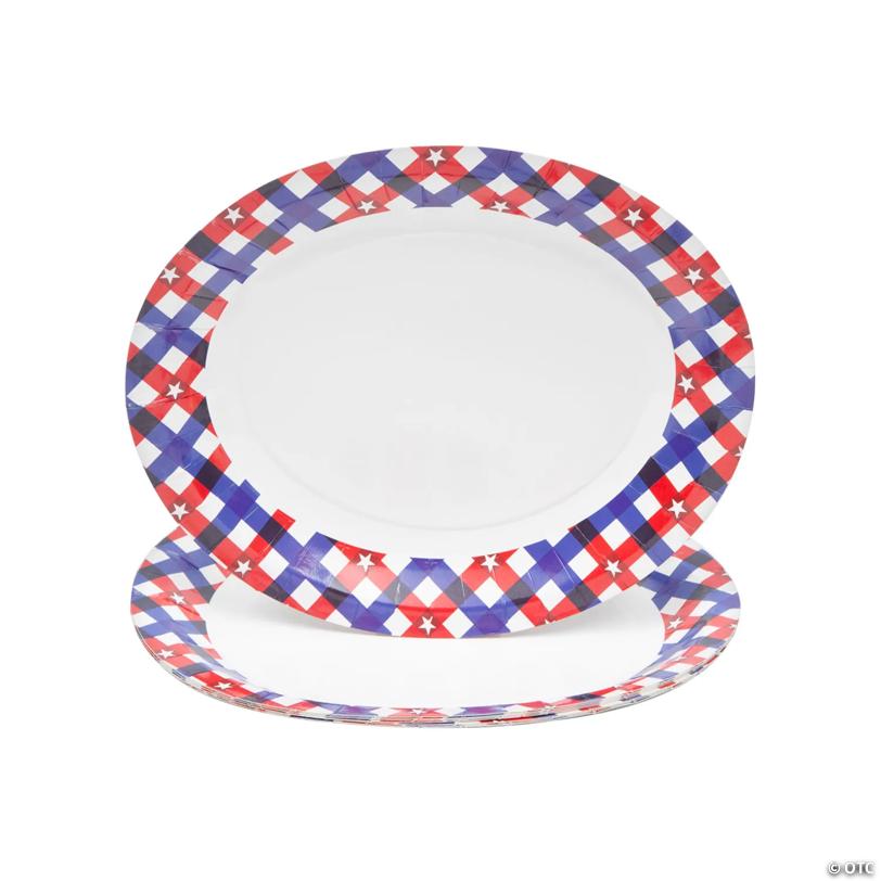 11 3/4" x 10" Patriotic Gingham Disposable Paper Banquet Plates - 8 Ct.